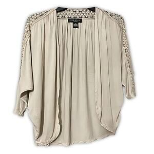 August Silk Cardigan Sweater Batwing Lace Trim Open Front Half Sleeve Beige W PS